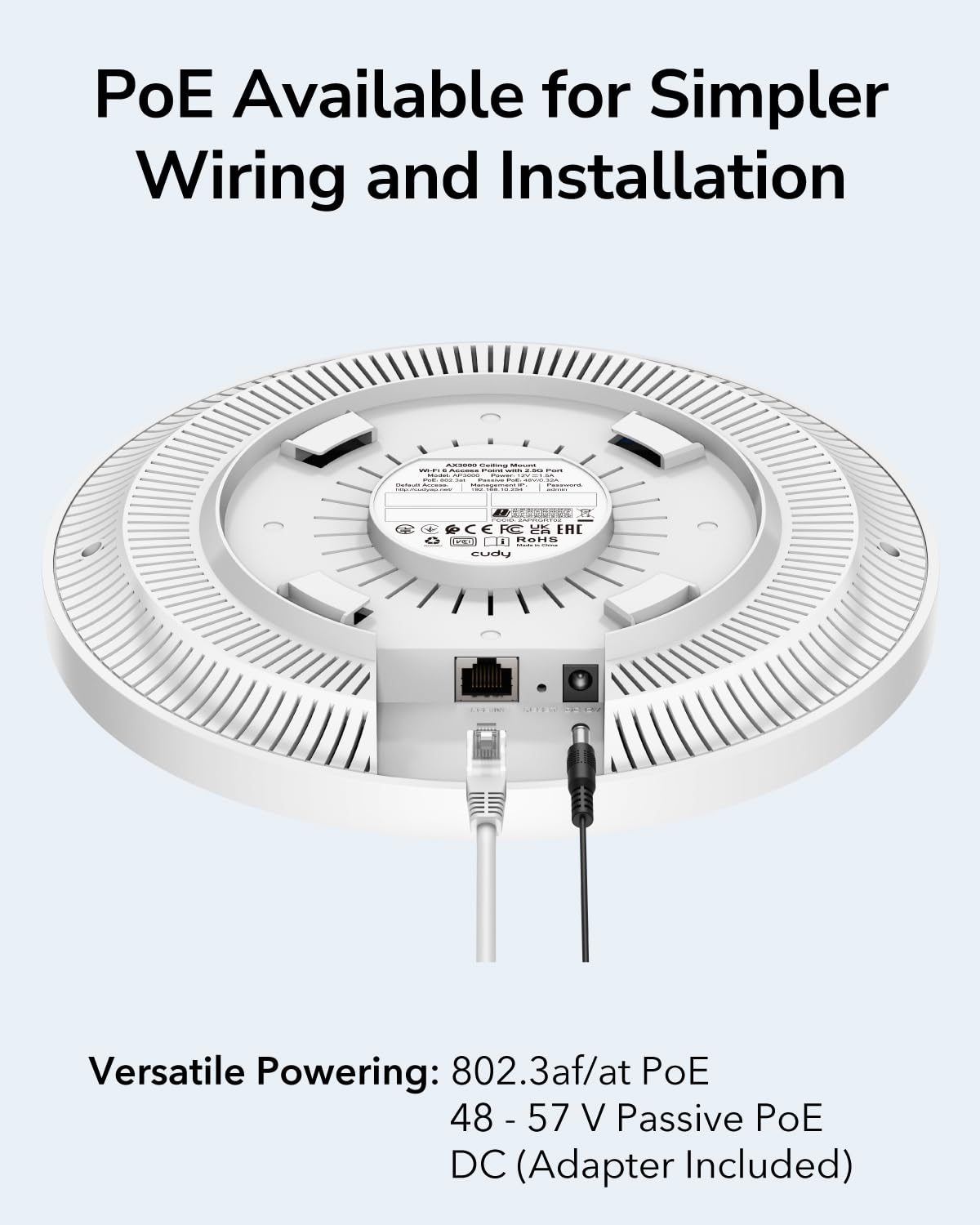 كودي نقطة وصول لاسلكية AX3000 2.5G واي فاي 6، 2.5 جيجابايت في الثانية ار جيه 45، حل واي فاي للاعمال، دعم شبكي، تجوال سلس ومو-ميمو، يعمل بتقنية PoE او DC، محول طاقة 12 فولت تيار مستمر متضمن، AP3000