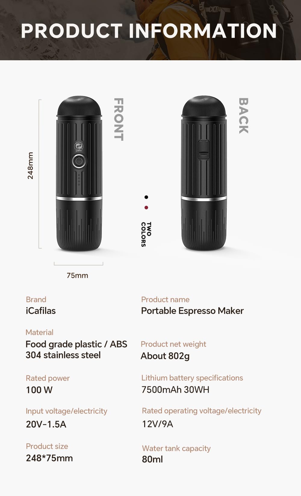 i Cafilas Portable Coffee Maker Travel Espresso Machine 120W, 19 Bar Pressure 7500mAh Rechargeable Battery Version Portable On the Go for Camping, Driving, Home and Office Travelling