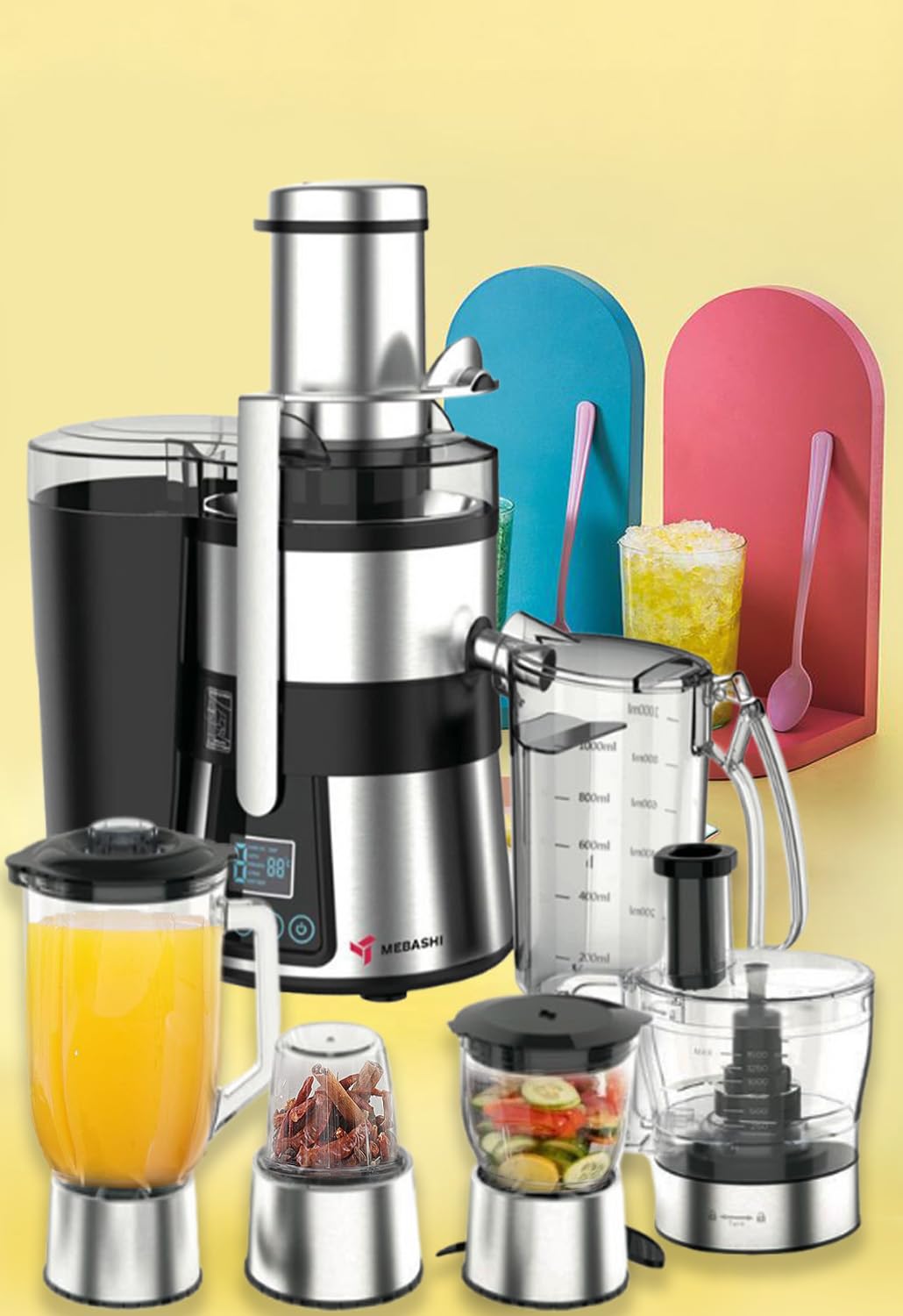 MEBASHI 11-in-1 Digital Juicer & Blender, 1.5 L,(800W) Black Steel (ME-JB2010SS)