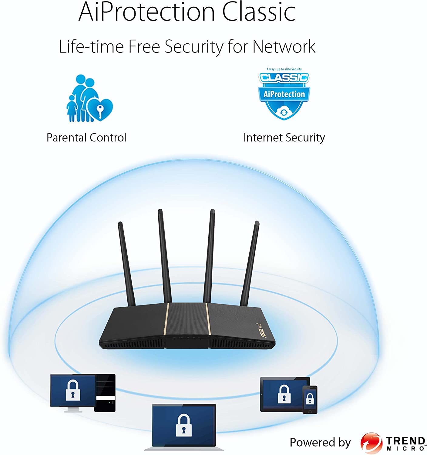 ASUS RT-AX57 (AX3000) Dual Band WiFi 6 Extendable Router, Subscription-free Network Security, Instant Guard, Advanced Parental Controls, Built-in VPN, AiMesh Compatible, Gaming & Streaming, Smart Home