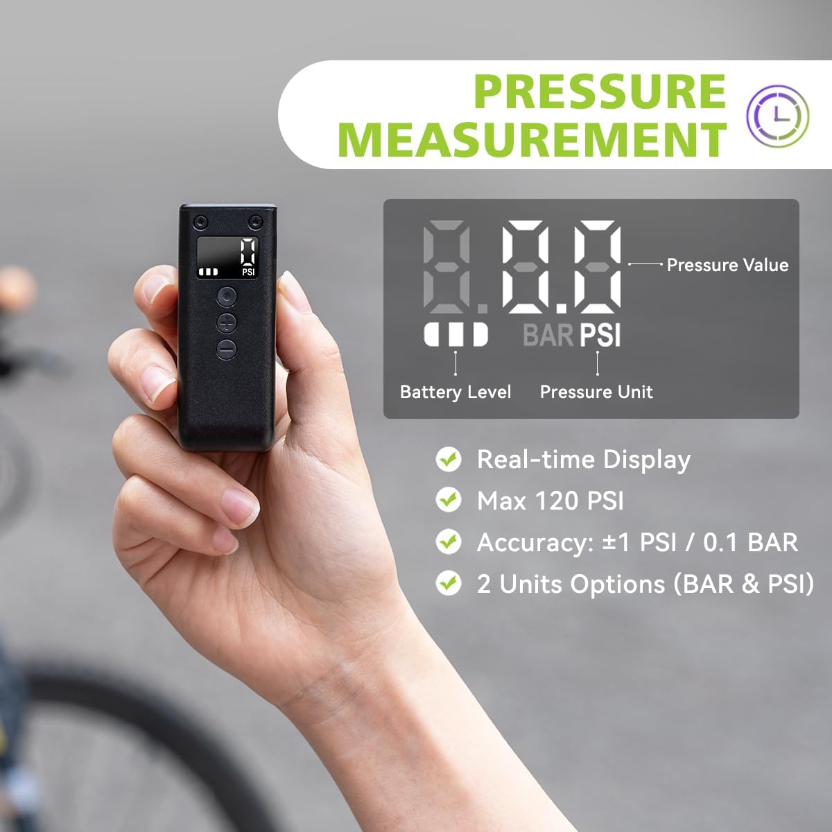 CYCPLUS Tiny Pump Mini Bike Tire Pump with Gauge, Max 120 PSI Electric Bicycle Air Pump, Auto Stop, with Presta and Schrader Valve for E-Bike, Mountain Bike, City Bike and Road Bike AS2PRO, Black