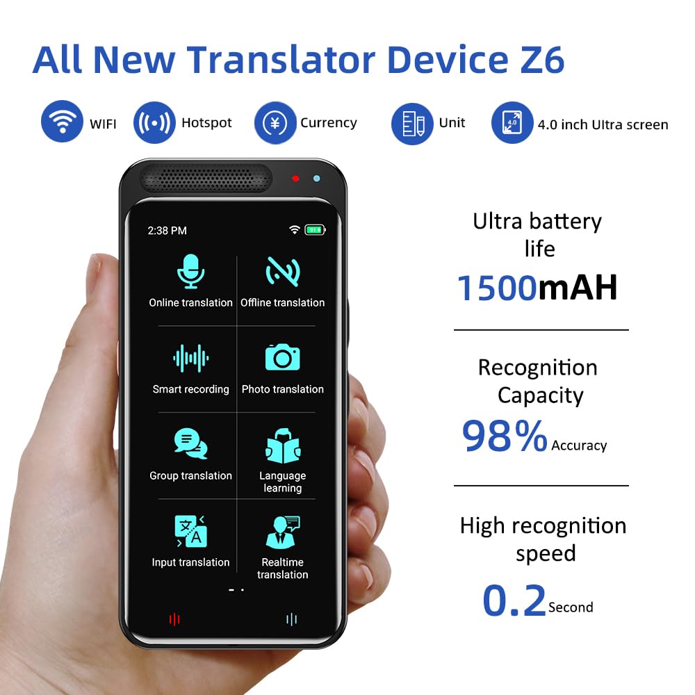 LTDNB Language Translator Device, Supports 138 Languages, Real-Time Voice Translation, Portable Online Offline Translator for Business Travel Learning, 4.1 Inch HD Touch Screen (Black)