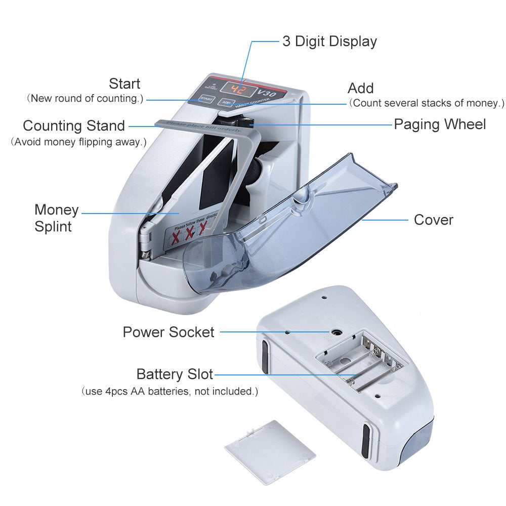 Domary Mini Handy Bill Cash Banknote Counter Money Currency Counting Machine AC or Battery Powered