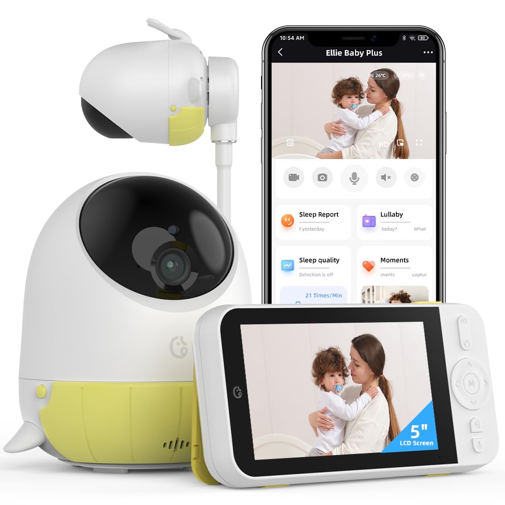 Ellie Baby Video Monitor with Camera and Audio, Covered Face Alert, Sleep Analysis, Soothing Lullaby, Wi-Fi or No Wifi, Thermal Humidity, 2K UHD Split Screen, 720p Screen of 5