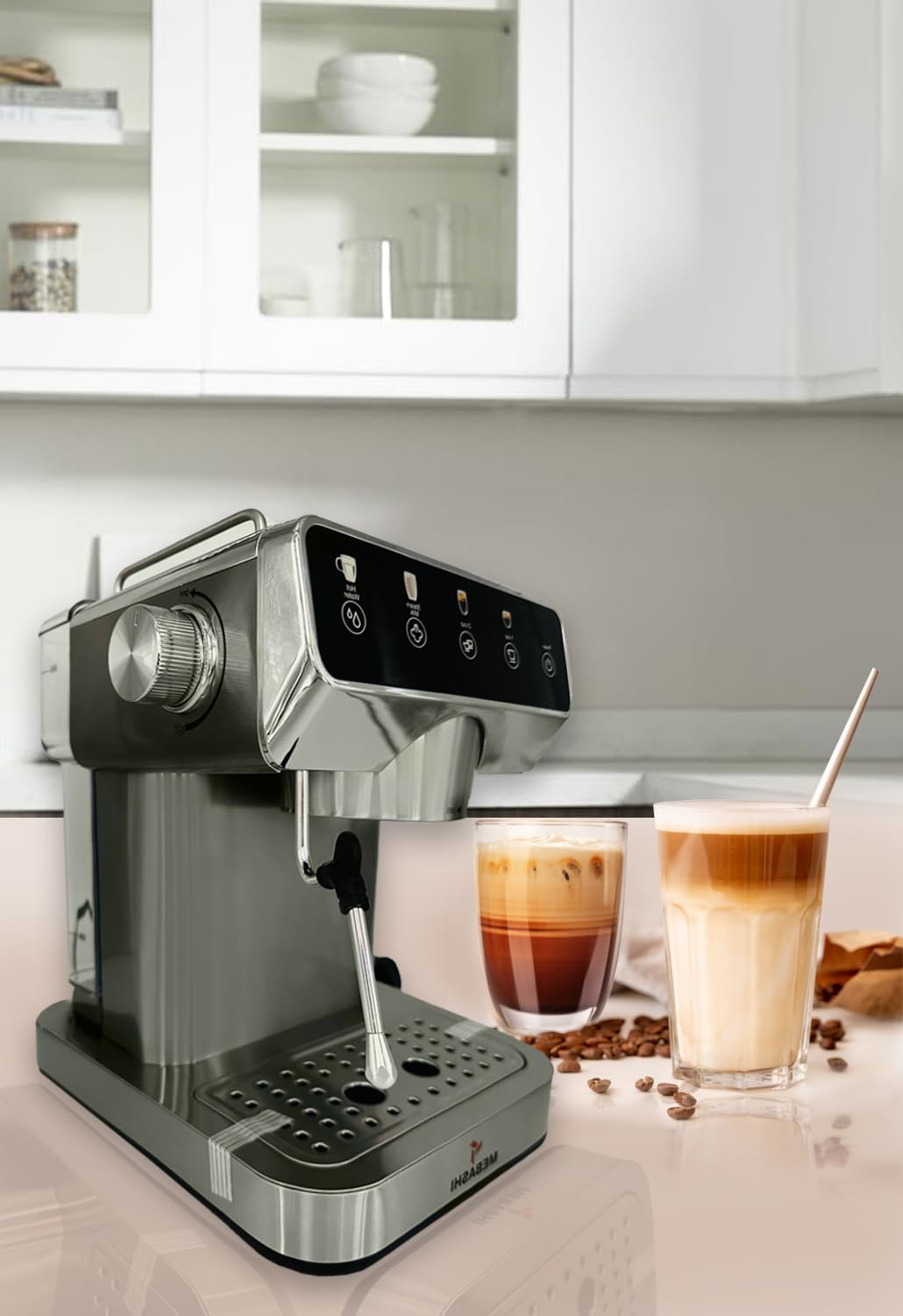 MEBASHI Espresso Coffee Machine - 1.2L, 20 Bar, Stainless Steel, Dual Filter,(1150-1360W) Detachable Frothing Nozzle (ME-ECM2113)