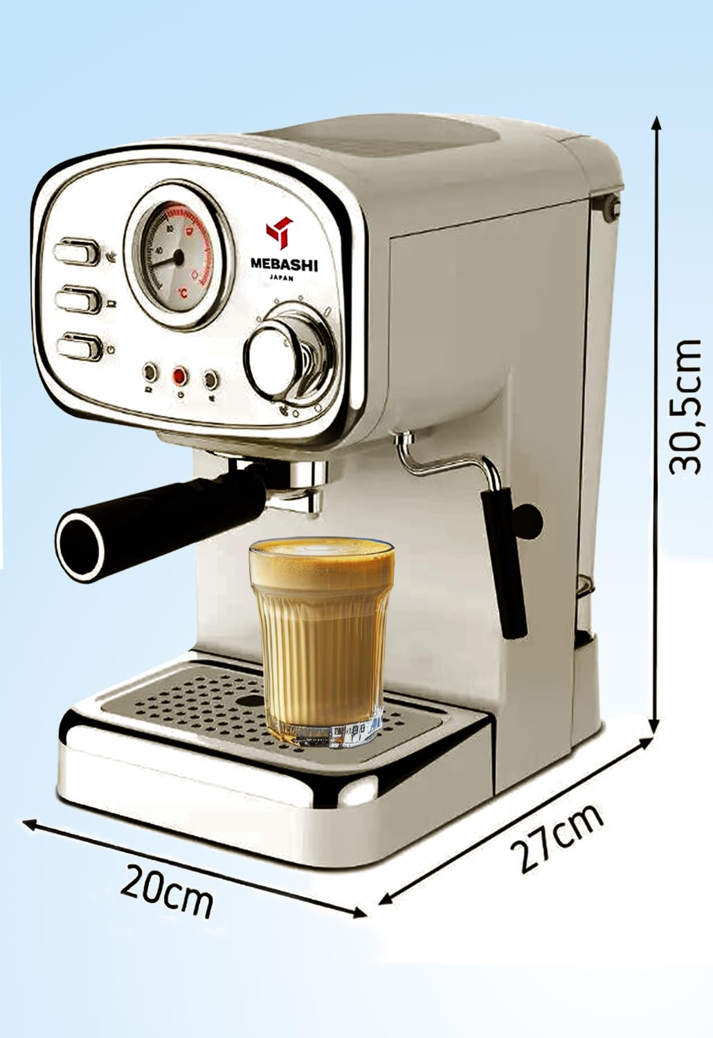 مايباشي ماكينة تحضير قهوة اسبريسو ME-ECM2010W - 20 بار، 1.25 لتر، اسود مع ميزان حرارة ومقبض بخار قابل للتعديل