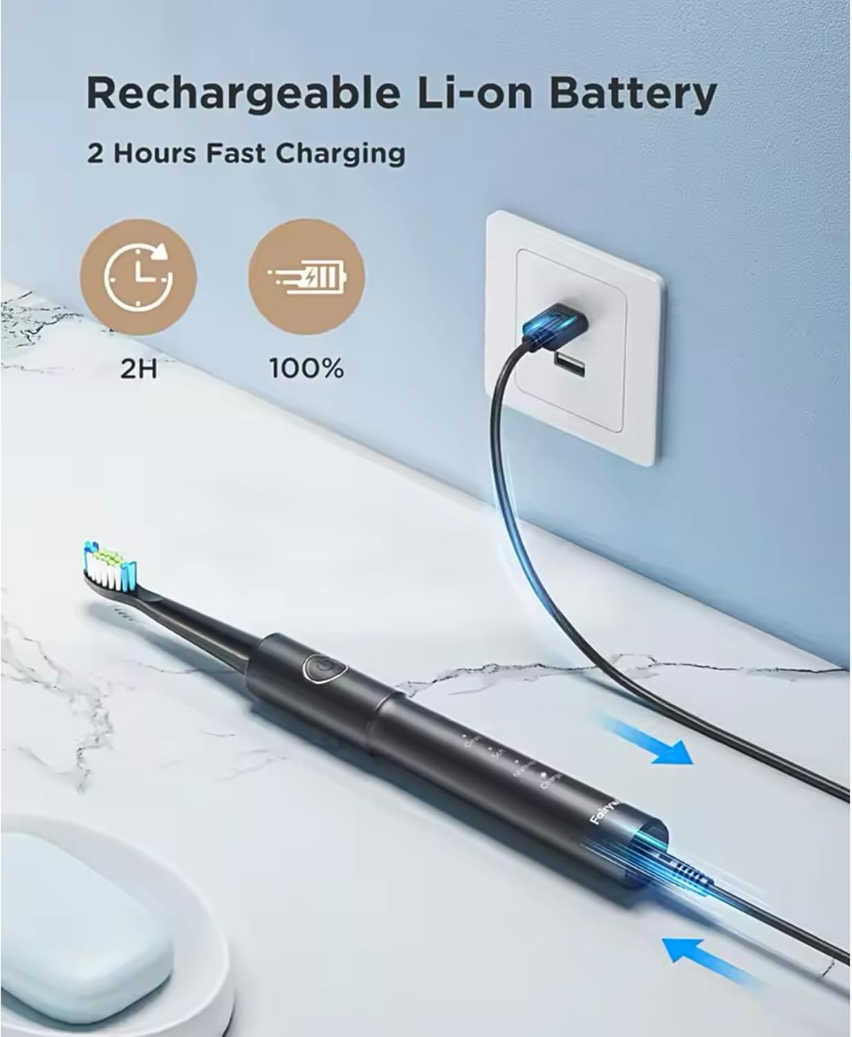 فرشاة اسنان كهربائية سوداء E11 من فيري مع 8 رؤوس فرشاة - قابلة لاعادة الشحن بمنفذ USB، جهد تشغيل ≤36 فولت، بطارية 260 مللي امبير في الساعة - عناية متقدمة بالاسنان للبالغين