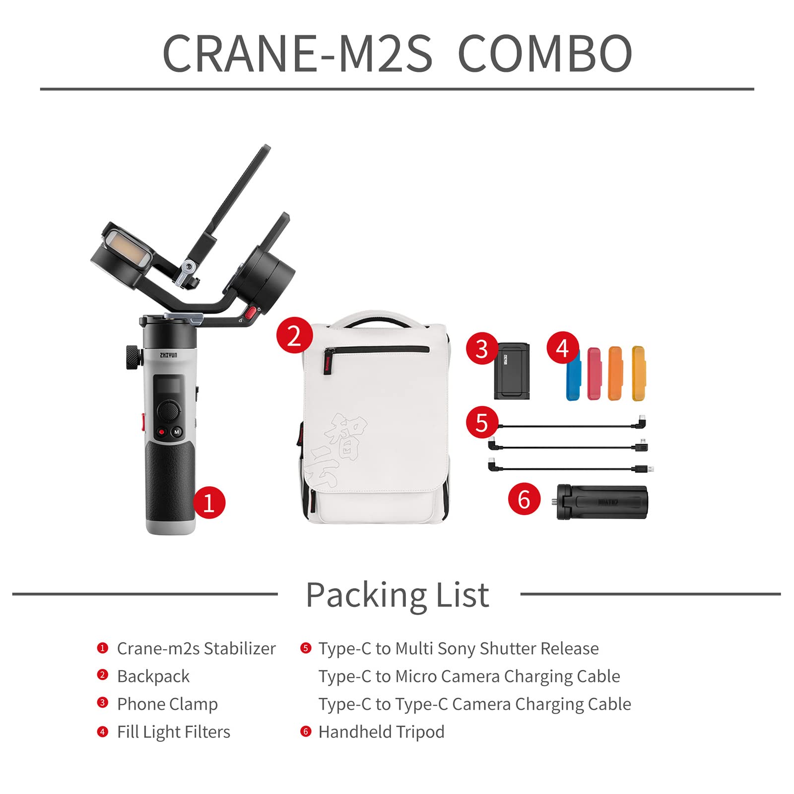 Zhiyun Crane M2S Gimbal Stabilizer for Mirrorless Camera Action Camera and Smartphone, Upgrade with Integrated Fill Light(Combo with Trendy Bag)
