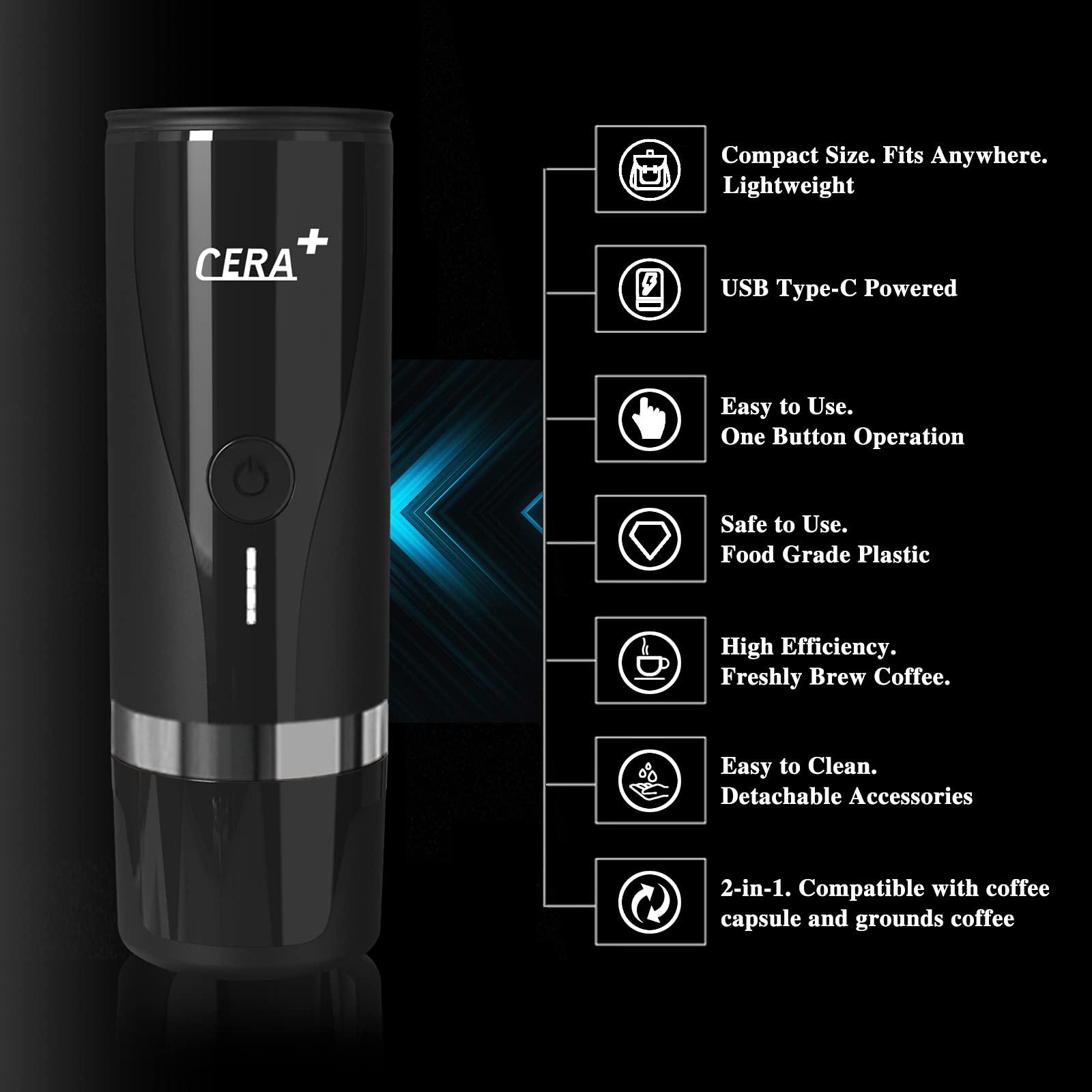 CERA+ Portable Coffee Maker for Travel Espresso Maker 15 Bar Pressure Automatic Coffee Machine Mini Espresso Machine Compatible Capsules Ground Coffee Makers for Home Office USB Coffee Maker(PCM00)