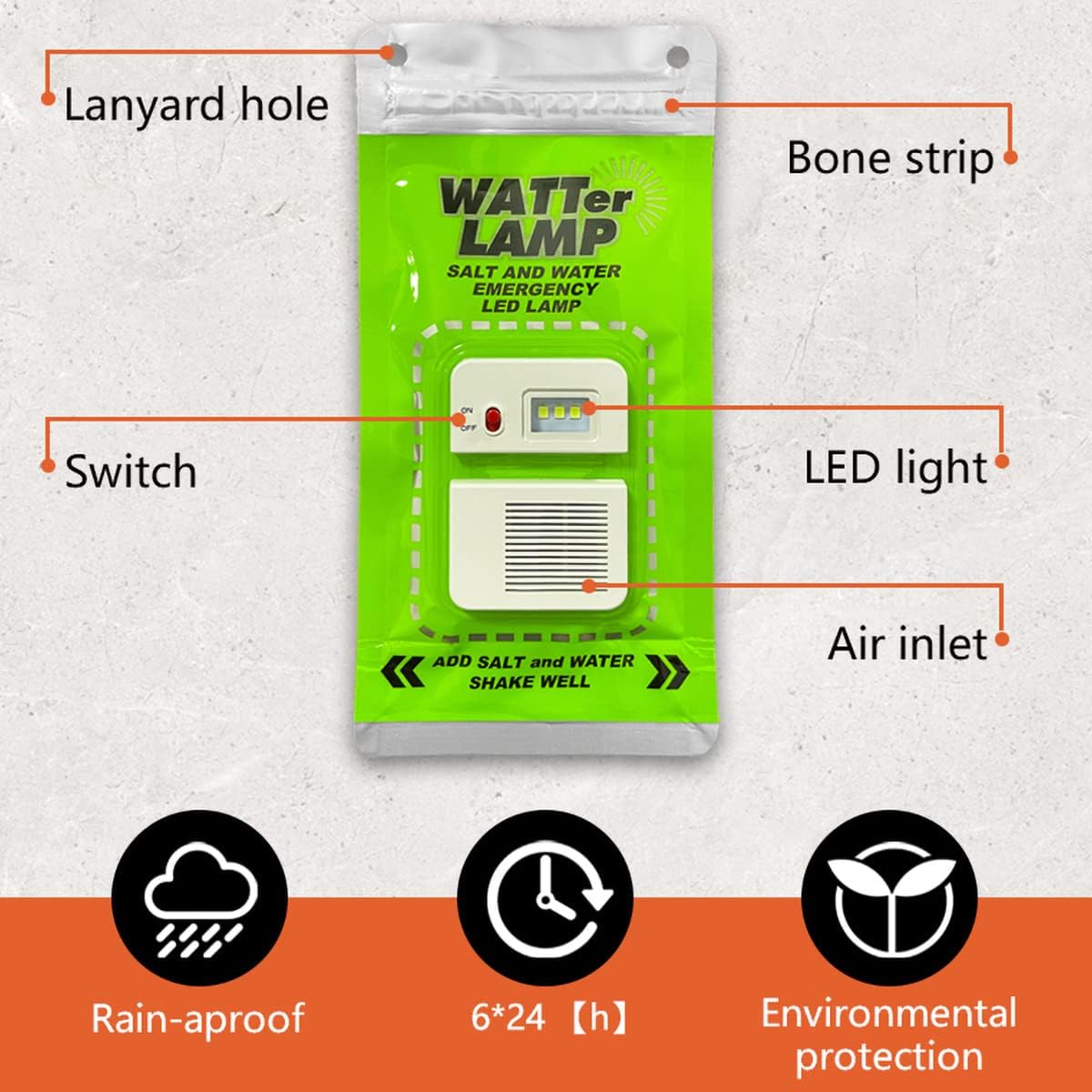 Camping LED Lights, Salt Water Emergency Lamp, White, Aluminium Magnesium Alloy, Outdoor, 1 PCS