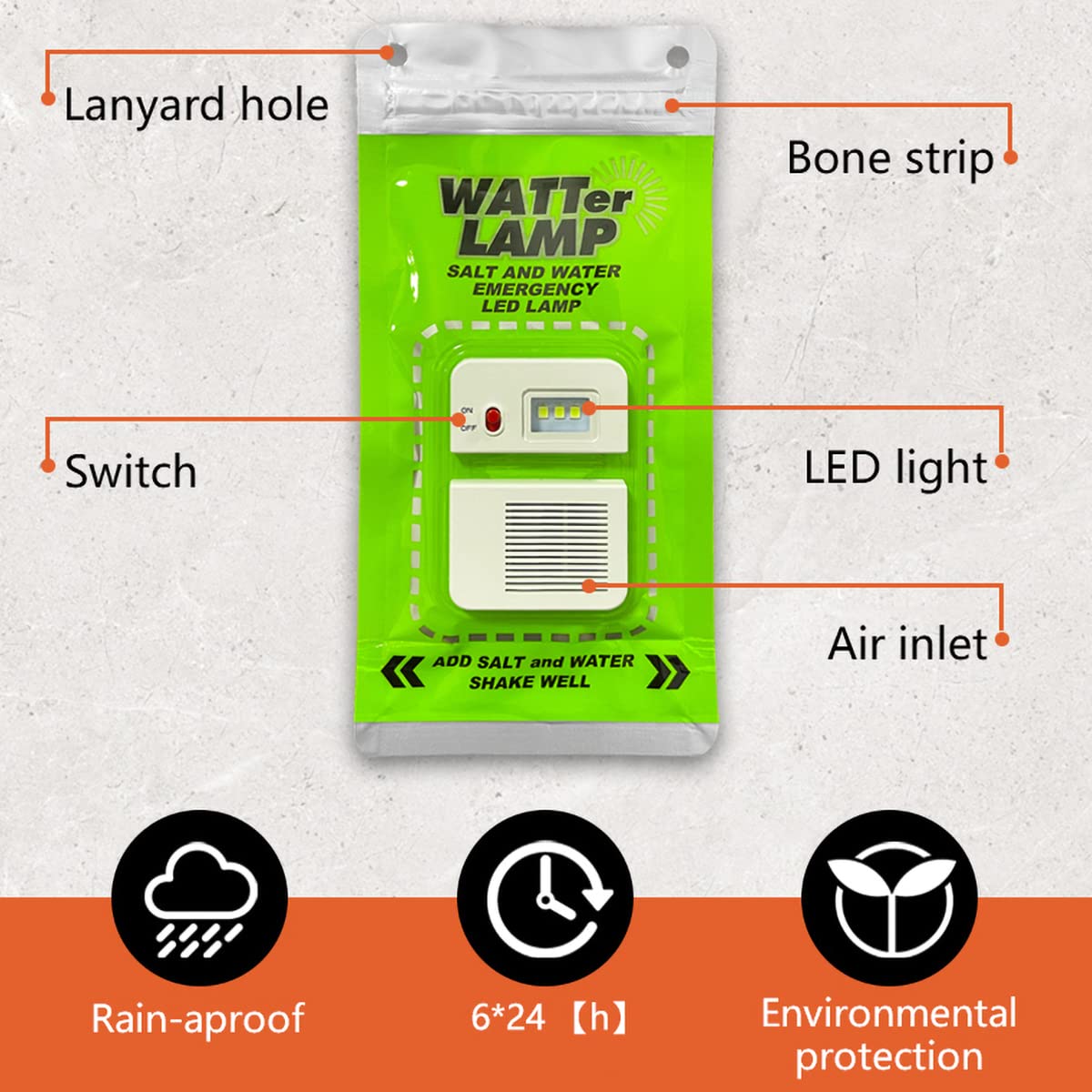 Camping LED Lights, Salt Water Emergency Lamp, White, Aluminium Magnesium Alloy, Outdoor, 1 PCS
