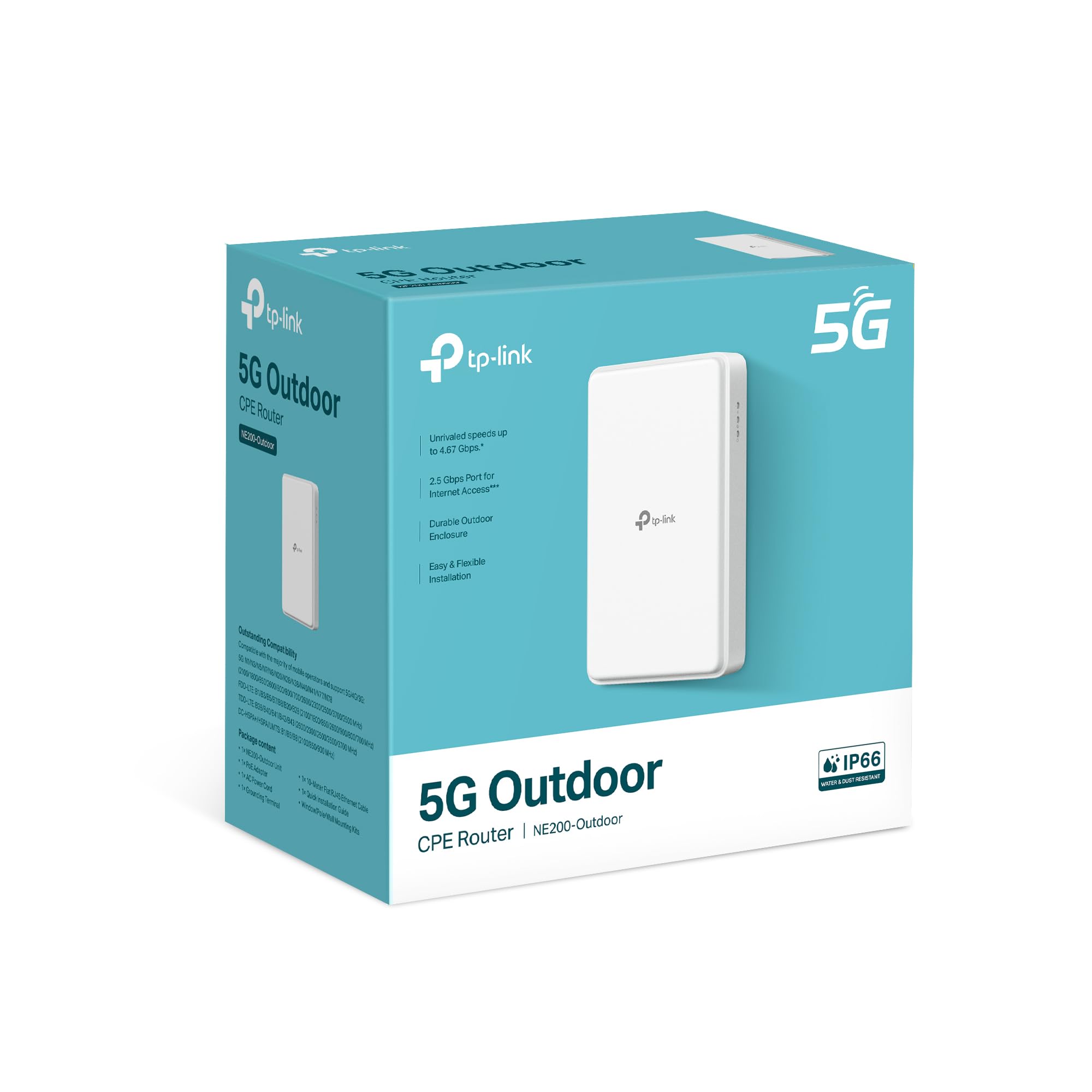 TP - لينك راوتر NE200 خارجي 5G مع شريحة اتصال خارجية، سرعة تحميل 5G تصل إلى 4.67Gbps، 4G CAT19 حتى 1.6Gbps، منفذ 2.5GE، يدعم PoE السلبي و802.3af/802.3at، IP66، حامل مرن
