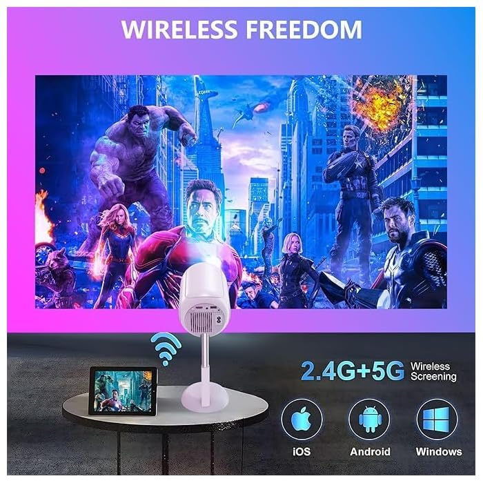 جهاز عرض محمول مع واي فاي وبلوتوث يدعم 1080p 4K مع حامل مدمج بارتفاع قابل للتعديل، للمسرح المنزلي يدعم HDMI وUSB والكمبيوتر وتي في بوكس وiOS وAndroid - ابيض