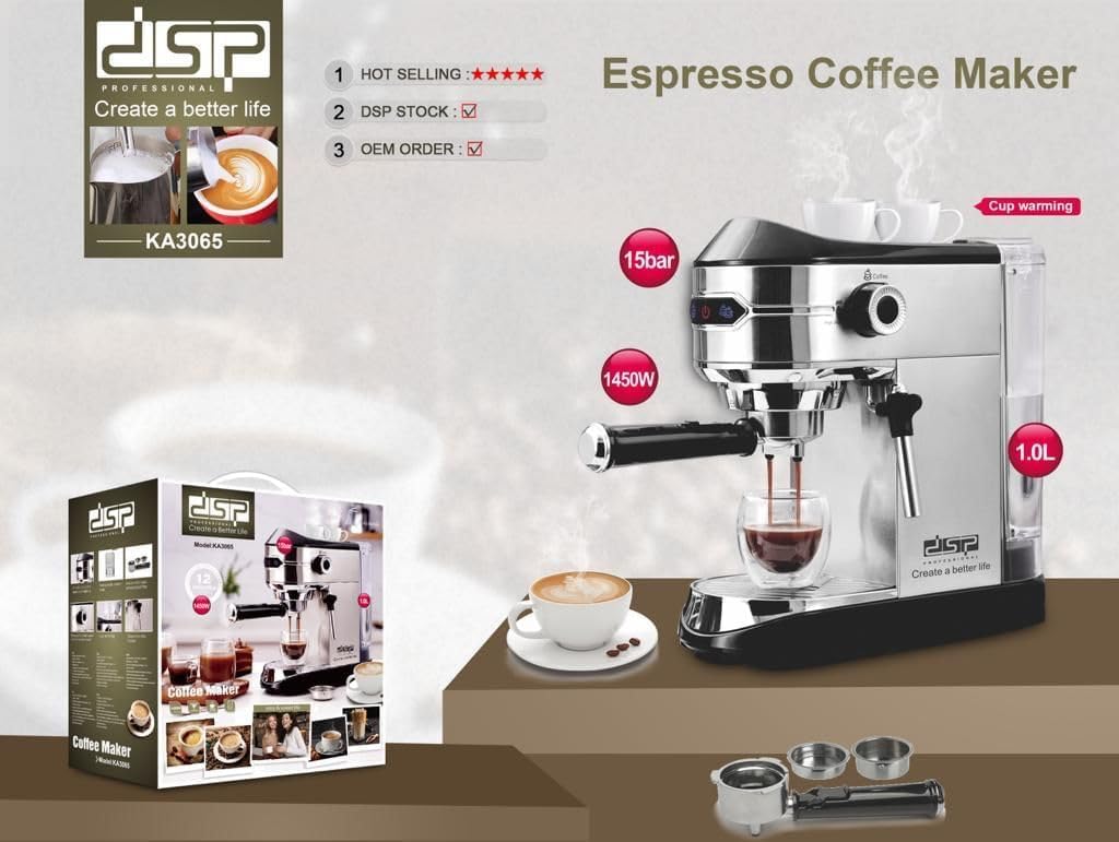 ماكينة تحضير قهوة اسبريسو KA3065 من دي اس بي، 1450 واط، 15 بار مع نظام تسخين سريع حراري وبخار صانع رغوة الحليب