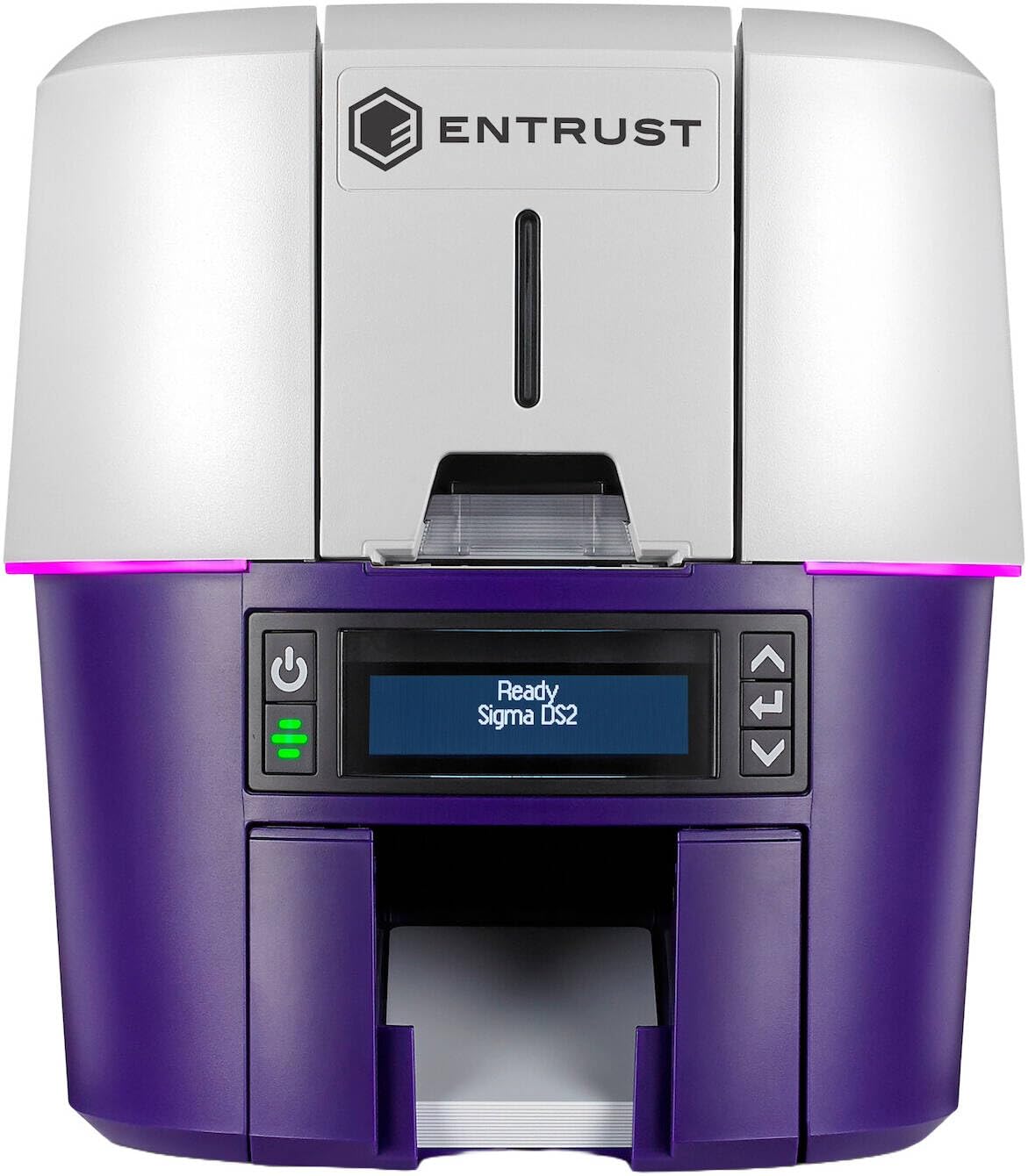 Entrust Sigma DS2 ID Card Printer, Support Dual-Sided Printing, Up to 300 x 1200 DPI Resolution, 140 CPH Max Double-Sided & 225 CPH Single-Sided Print Speed, USB & Ethernet, White/Violet | 525301-005