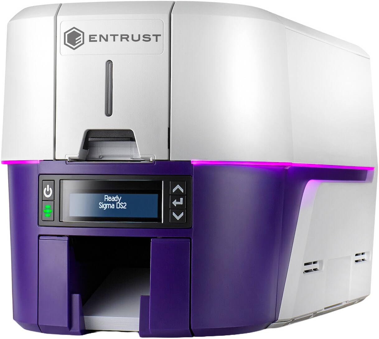 Entrust Sigma DS2 ID Card Printer, Support Dual-Sided Printing, Up to 300 x 1200 DPI Resolution, 140 CPH Max Double-Sided & 225 CPH Single-Sided Print Speed, USB & Ethernet, White/Violet | 525301-005