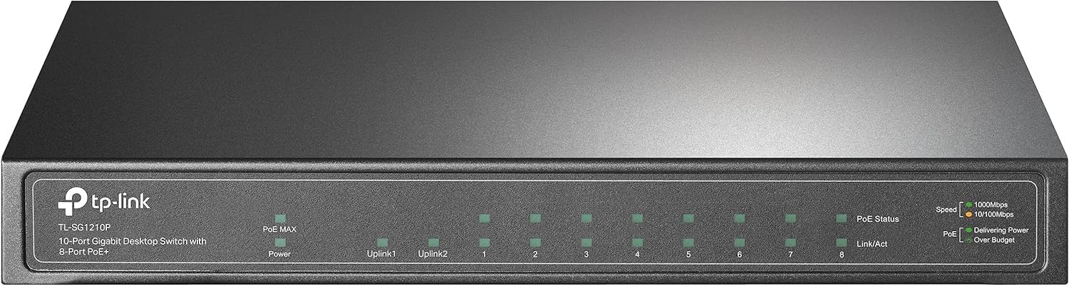 TP-Link 10-Port Gigabit Desktop Switch with 8-Port PoE+ | 9 10/100/1000Mbps RJ45 ports, 1 Gigabit SFP port | TL-SG1210P