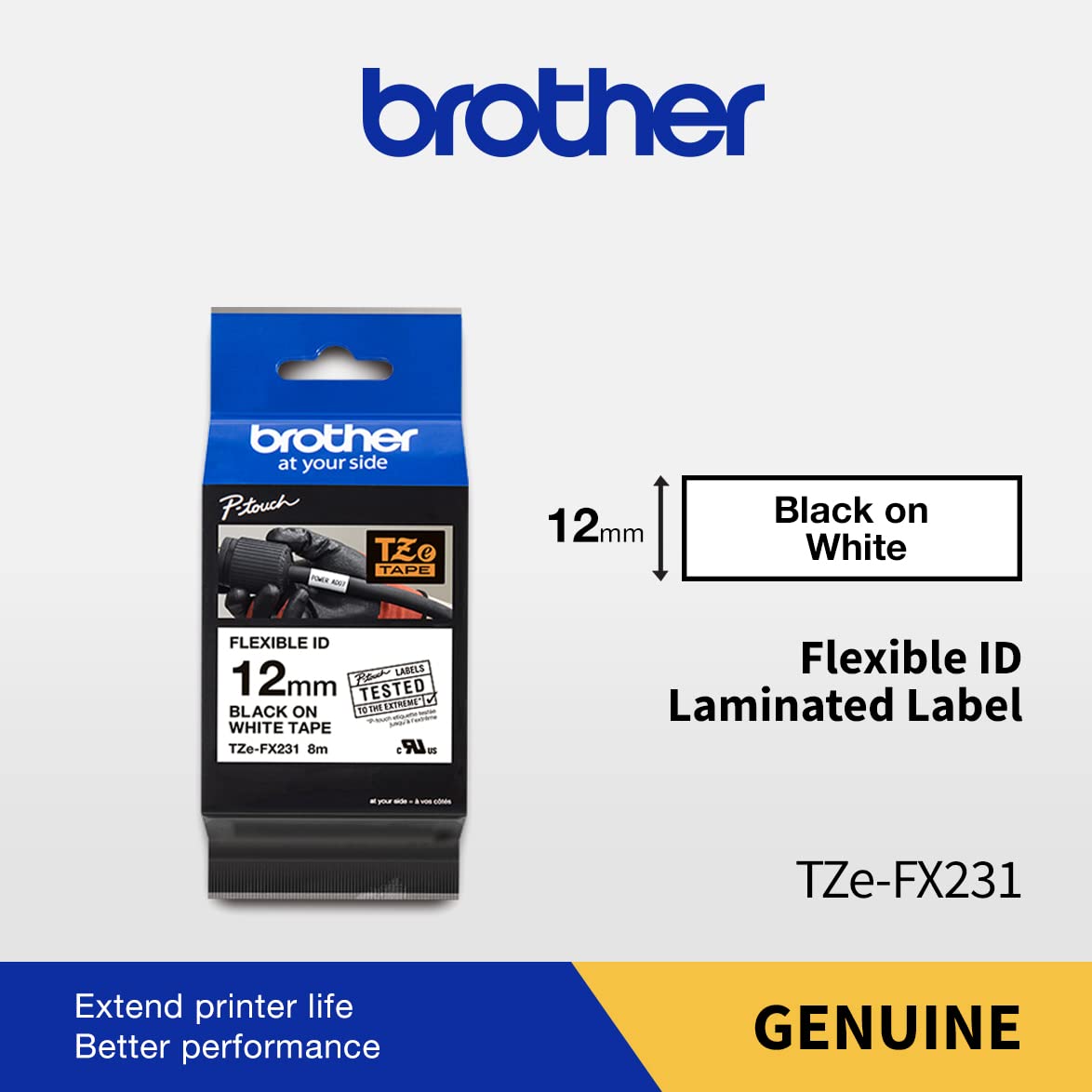 BROTHER Genuine TZe-FX231 Flexible ID Laminated Label Tape Replacement for Printers, Black on White, 12mm wide, 8m long
