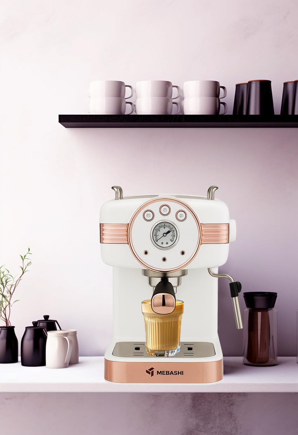 Mebashi 1.5L Espresso Coffee Machine, 20 Bar Pressure Pump, Detachable Water Tank (E-ECM2046) (White)|1100W