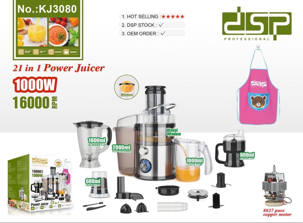 Generic DSP 21-in-1 Multi-Purpose Power juicer KJ3080 1000W 16000RPM 8827 Pure Copper Motor With Temperature control Squeeze juice，Stirring，Ground meat，Beat eggs, Shreding，Slicing Silver/Black
