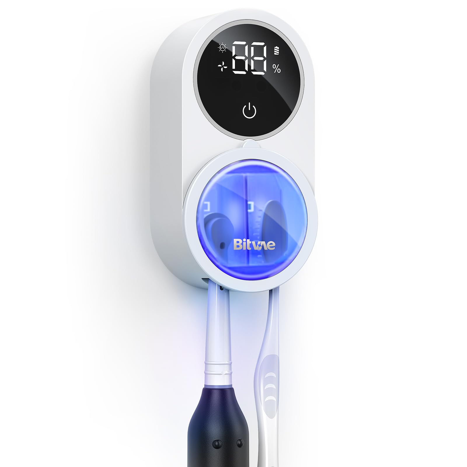 منظف فرشاة الاسنان من بيتفي، تنظيف وتجفيف بالهواء بالاشعة فوق البنفسجية، شاشة LED ذكية، حامل فرشاة اسنان قابل لاعادة الشحن يثبت على الحائط، ابيض