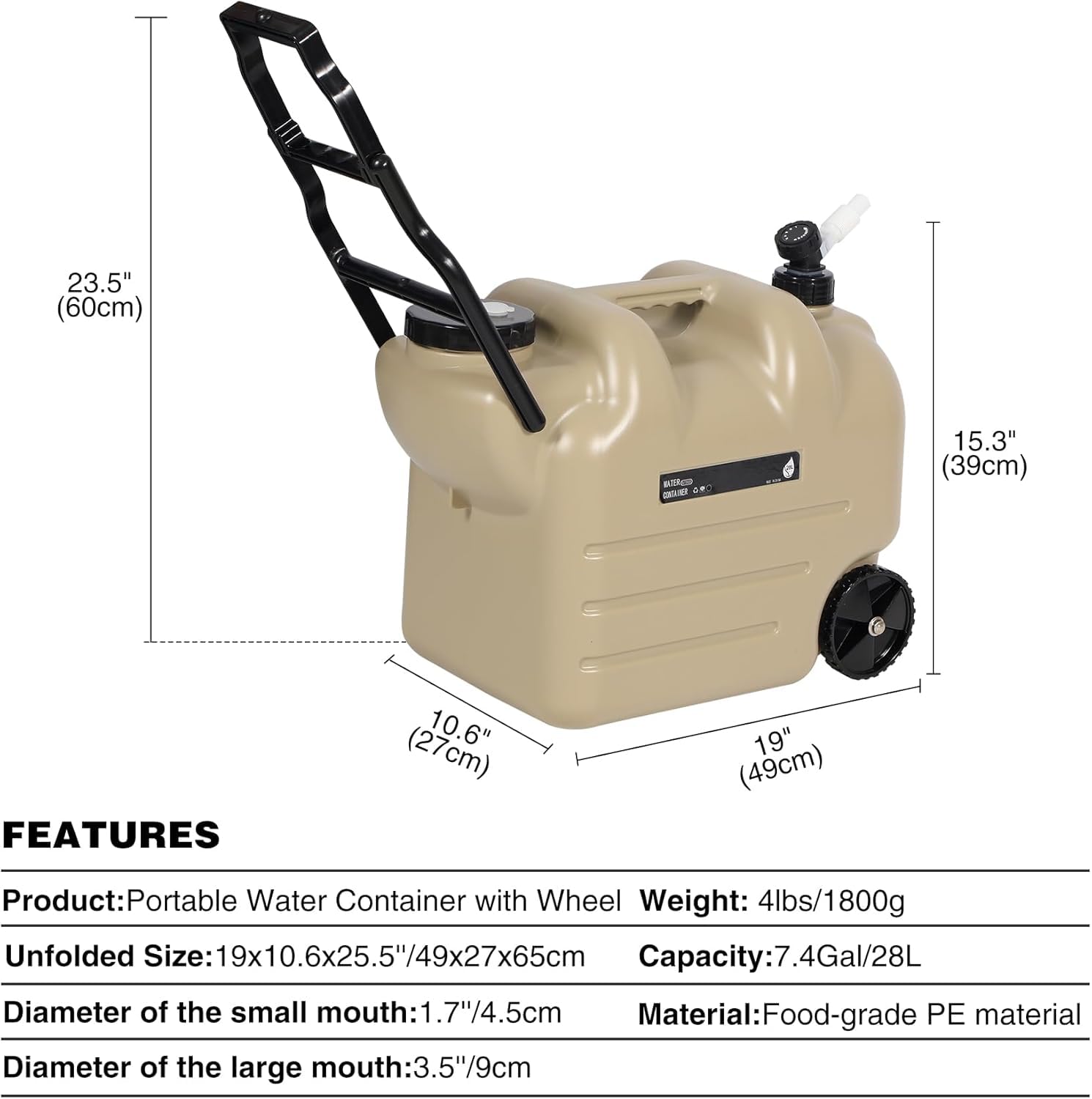 Fipka DLC 7.4 Gallon Water Container with Wheels & Folding Handle, Portable Emergency Water Storage Tank with Spigot, BPA Free Water Jug for Camping Outdoor Hiking (28L, Dlc-37328)