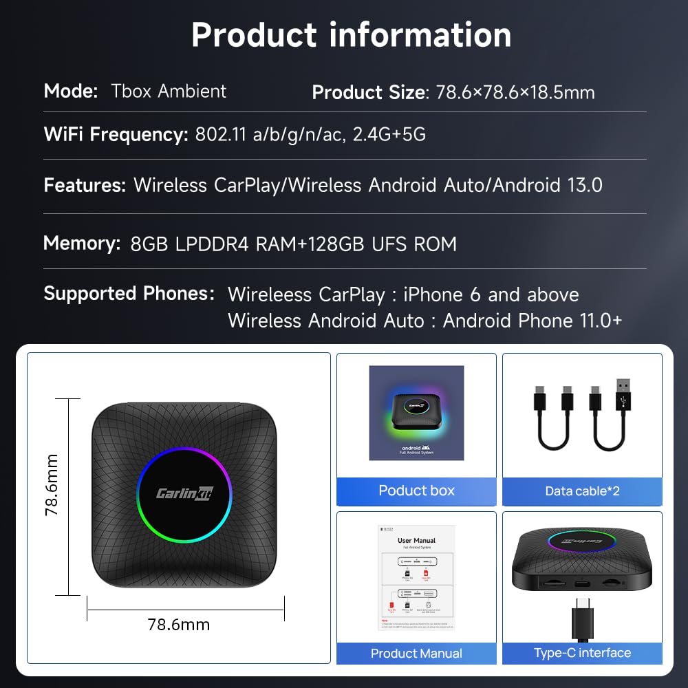 Carlinkit Wired CarPlay Adapter for Car AI Box 3.0, Built-in GPS, Android 13.0, Ultra Slim, Octa-Core, Dual Bluetooth, for YouTube, Wireless CarPlay and Android Auto with SIM Card