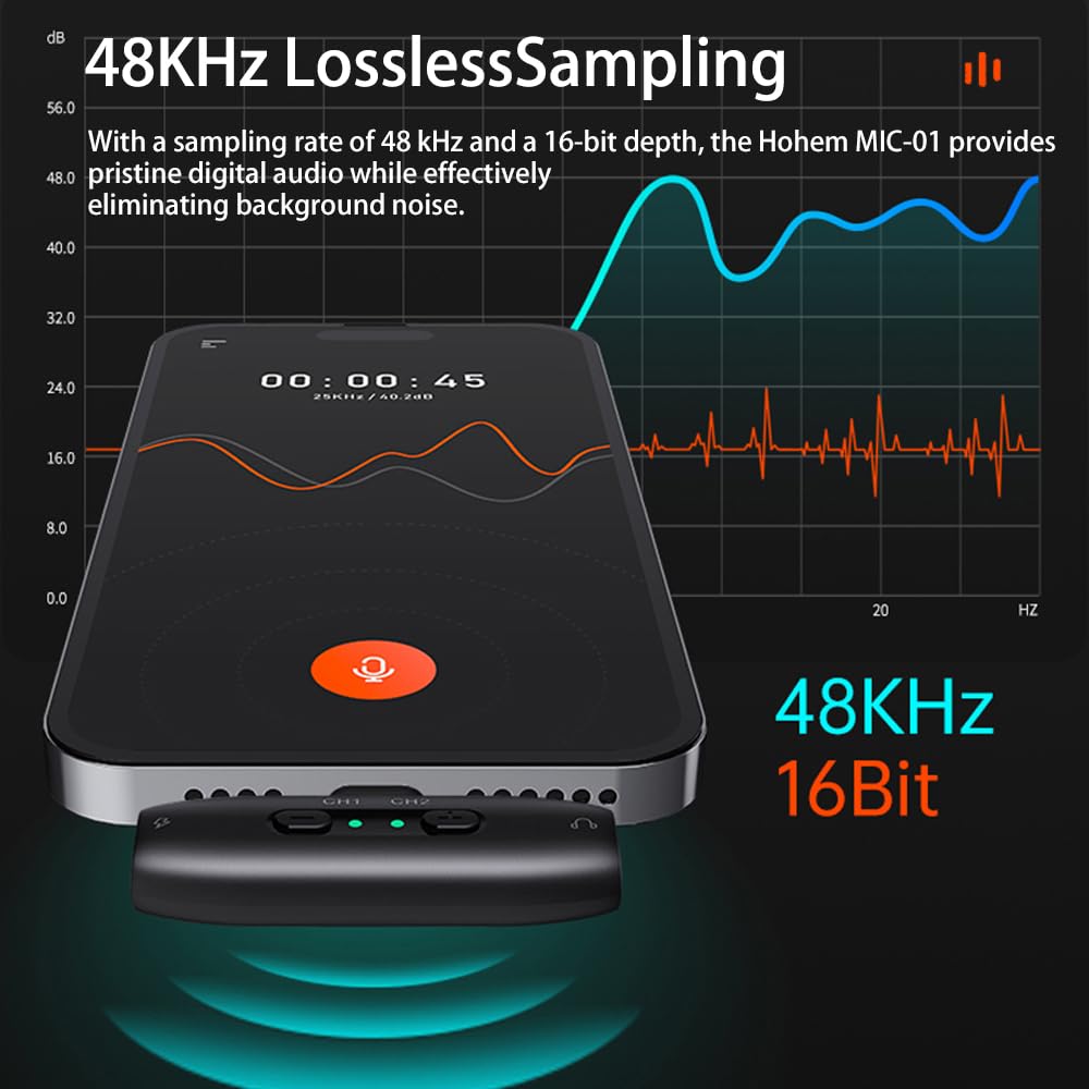 hohem MIC-01 Wireless Lavalier Microphone for Android Phone Camera Laptop,3-Level Noise Cancelling Shutter Control Built-in TF Card Slot 48KHz 16Bit, Magnet Lapel Mic for Vlog Interview TikTok Live