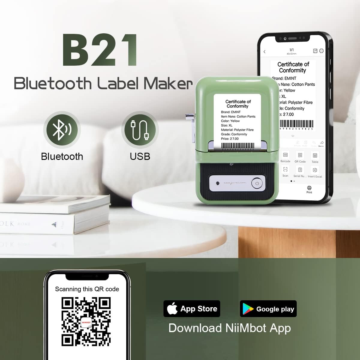 موكر لينك طابعة ملصقات 2 انش B21 مع شريط، صانع ملصقات لاسلكي محمول، طابعة حرارية للاعمال الصغيرة، متوافقة مع اي او اس واندرويد لجميع الاغراض وملصقات نصوص الباركود (اخضر)