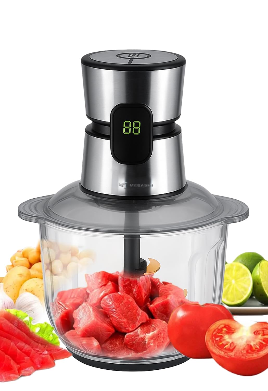 MEBASHI Digital Chopper With Touch Screen, 600W, 5L Glass Bowl, 3 Speeds, Low Noise And Smooth Motor With Constant Power, (ME-CH4008) Black