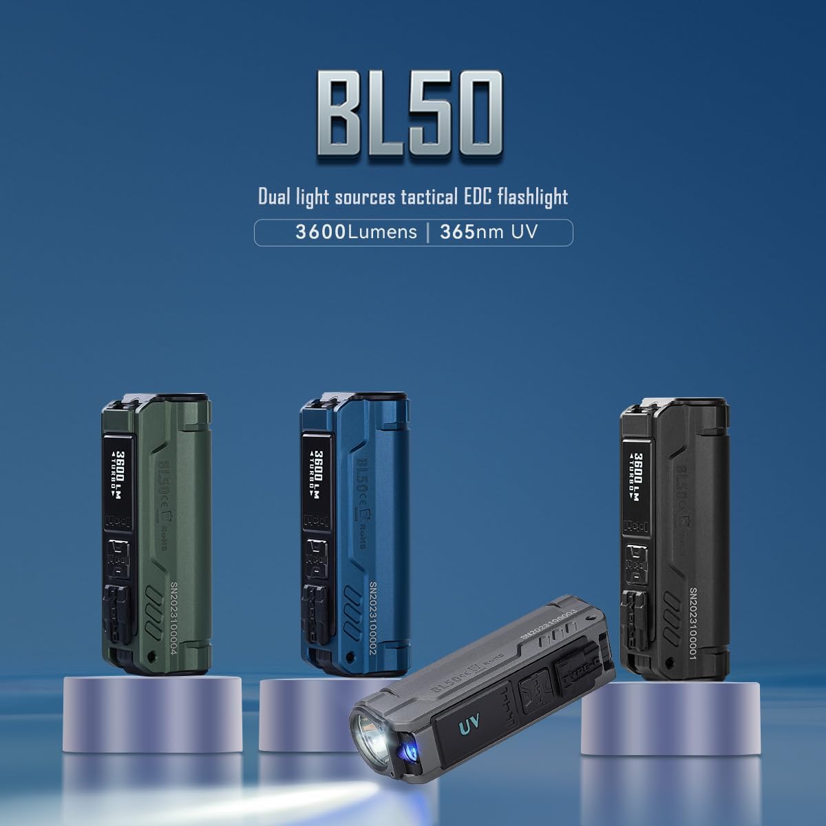 ايمالينت مصباح يدوي BL50 قابل لاعادة الشحن 3600 لومن، ضوء الاشعة فوق البنفسجية واضاءة LED بيضاء، مصباح يدوي محمول عالي السطوع بمصدر ضوء مزدوج للطوارئ والتخييم (اسود)