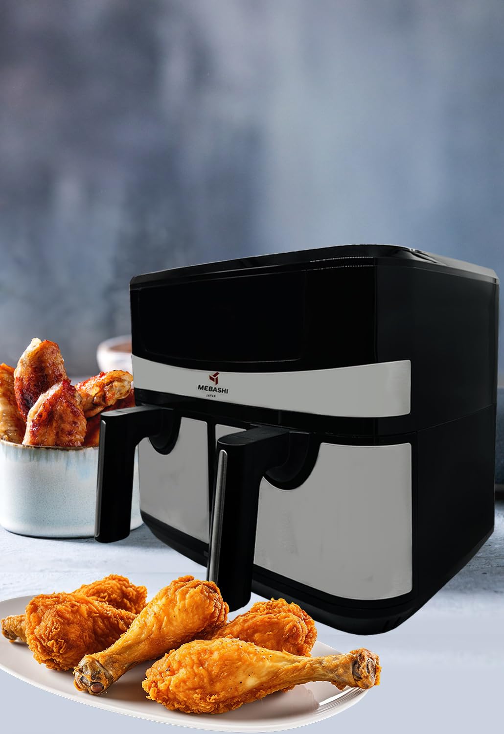 Mebashi Dual Basket Air Fryer with Digital Display, 1800 Watt Capacity 2 x 4.5 Liter, Total 9 Liter, Rapid Air Technology, 12 Preset Functions (ME-AF997)