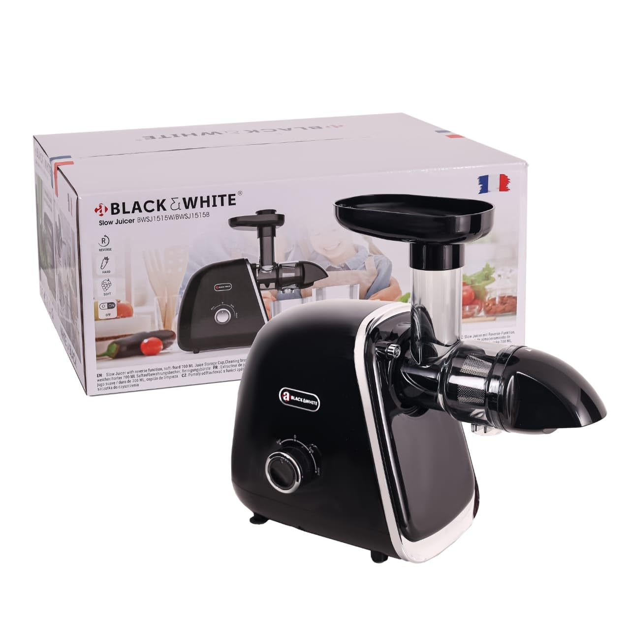 a BLACK & WHITE Slow Juicer with 7 speed controls and Reverse function BWSJ1515B
