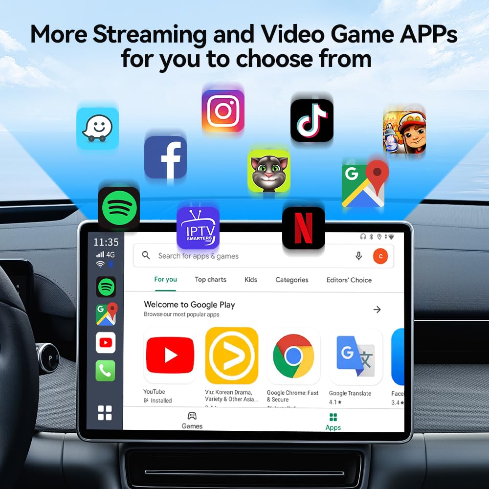 كارلين نت تي بوكس اس (الجيل الجديد)، شريحة كوالكوم 6225 مع 8+128GB، شبكة اتصال خلوية، 4G، شريحة اتصال/تي اف، جوجل بلاي، مناسبة فقط للسيارات السلكية في المصنع/ايه ايه، اندرويد 13 ايه اي بوكس اصدار فائق