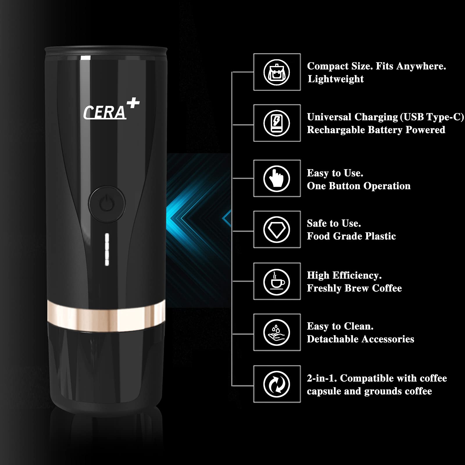 CERA+ Portable Espresso Maker Car Coffee Machine for Travel Coffee Maker 12V Coffee Makers 15 Bar Pressure 1800mAh Rechargeable Battery Operated Espresso Machine for Office Home Driving Camping(Black)