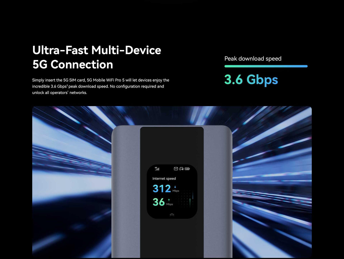 Brovi 5G WiFi Pro 5 E6888-982 Mobile Hotspot, OLED Touchscreen 3.6Gbps Download 500Mbps Upload WiFi 6 Plus with 7000mAh Battery