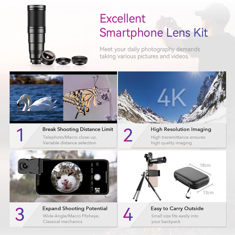 Apexel Phone Lens Kit 6 in 1, 22X Telephoto Lens, 205° Fisheye Lens, 120° Wide Angle Lens & 25X Macro Lens(Screwed Together), Compatible with iPhone 11 8 7 6 6s Plus X Xs/Max XR Samsung
