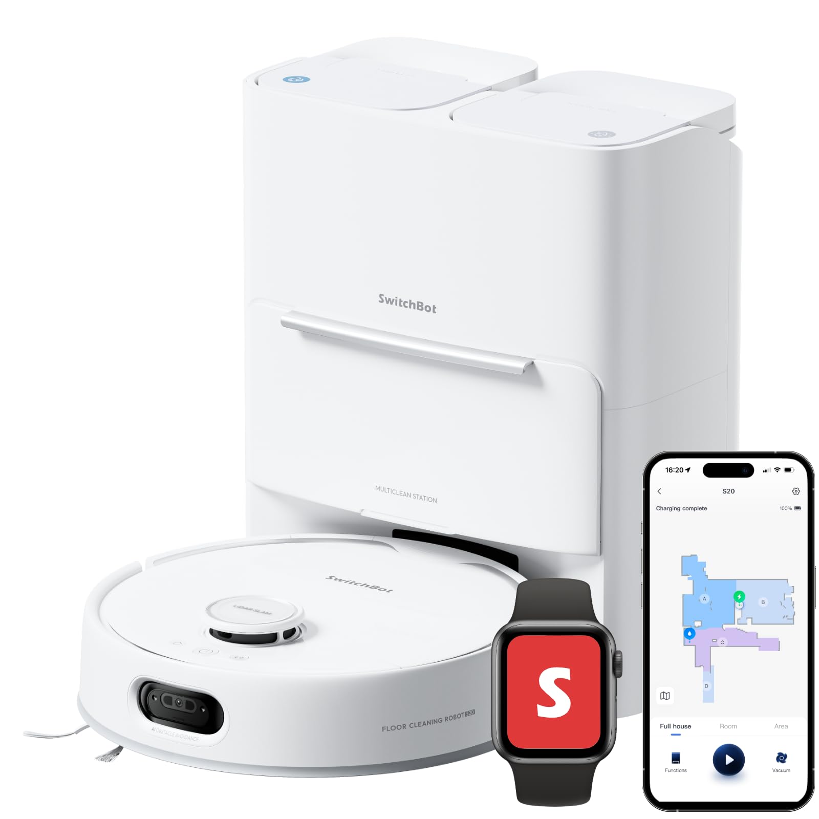 SwitchBot Robot Vacuum and Mop S20 with Matter, 10000Pa Suction, Rotating Mop, AI Navigation, Auto Wash and Dry, Self-Emptying, Works with Apple Home, Alexa and Google Home for Pet Hair and Carpet