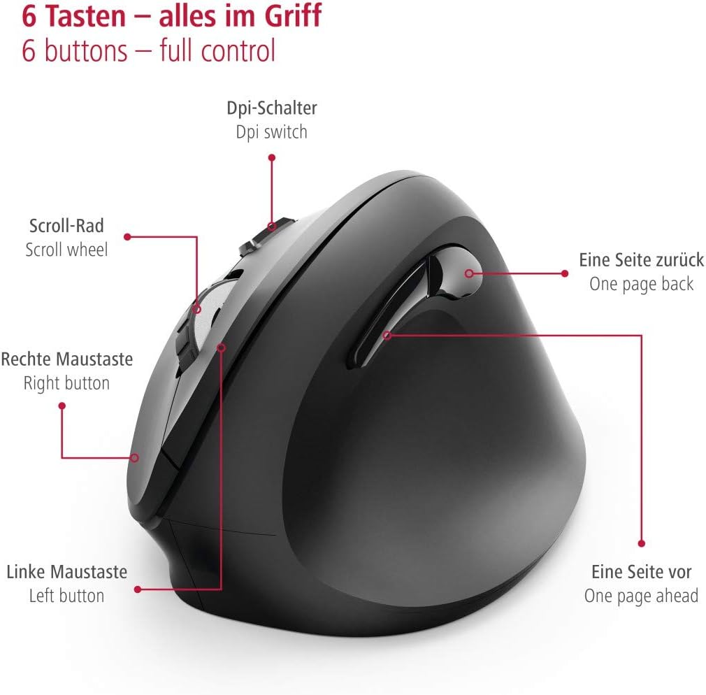 هاما ماوس لاسلكي عمودي مريح "EMW-500" 182699، 6 ازرار، اسود - (عبوة من قطعة واحدة)، USB