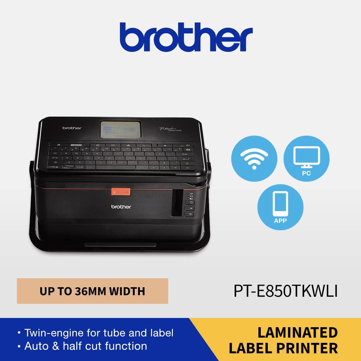 Brother PT-E850TKWLi Label Printer, Professional Label and Tube Printer for Electricians and Network Installations, Black, Large