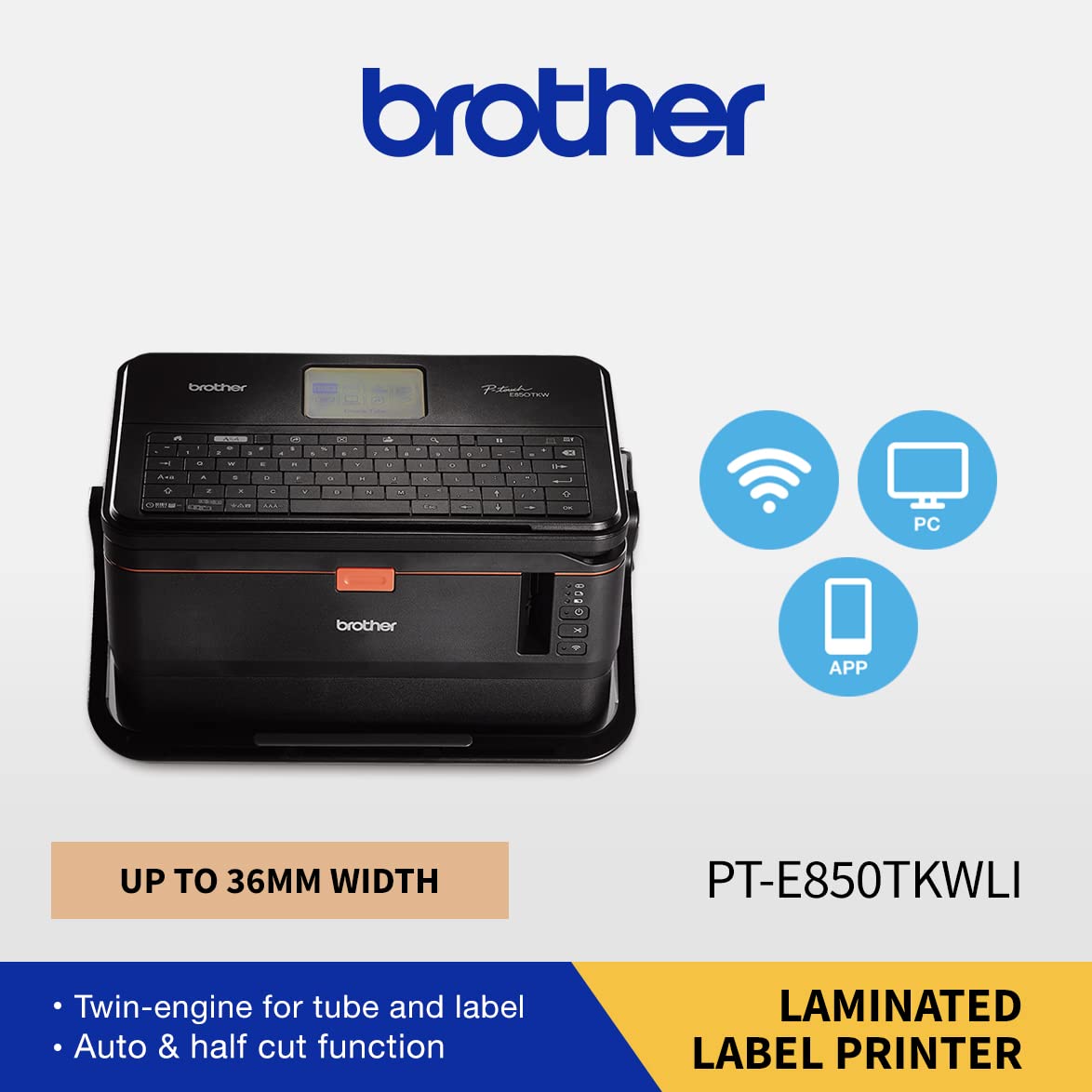 Brother PT-E850TKWLi Label Printer, Professional Label and Tube Printer for Electricians and Network Installations, Black, Large