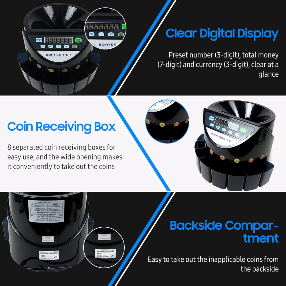 Fauno Euro Coin Counter 300 Coins Digital Mini Automatic Pre-Count/Total Money Display/Self-Check for Faults, for Store, Bank and Restaurant (AC 220V)
