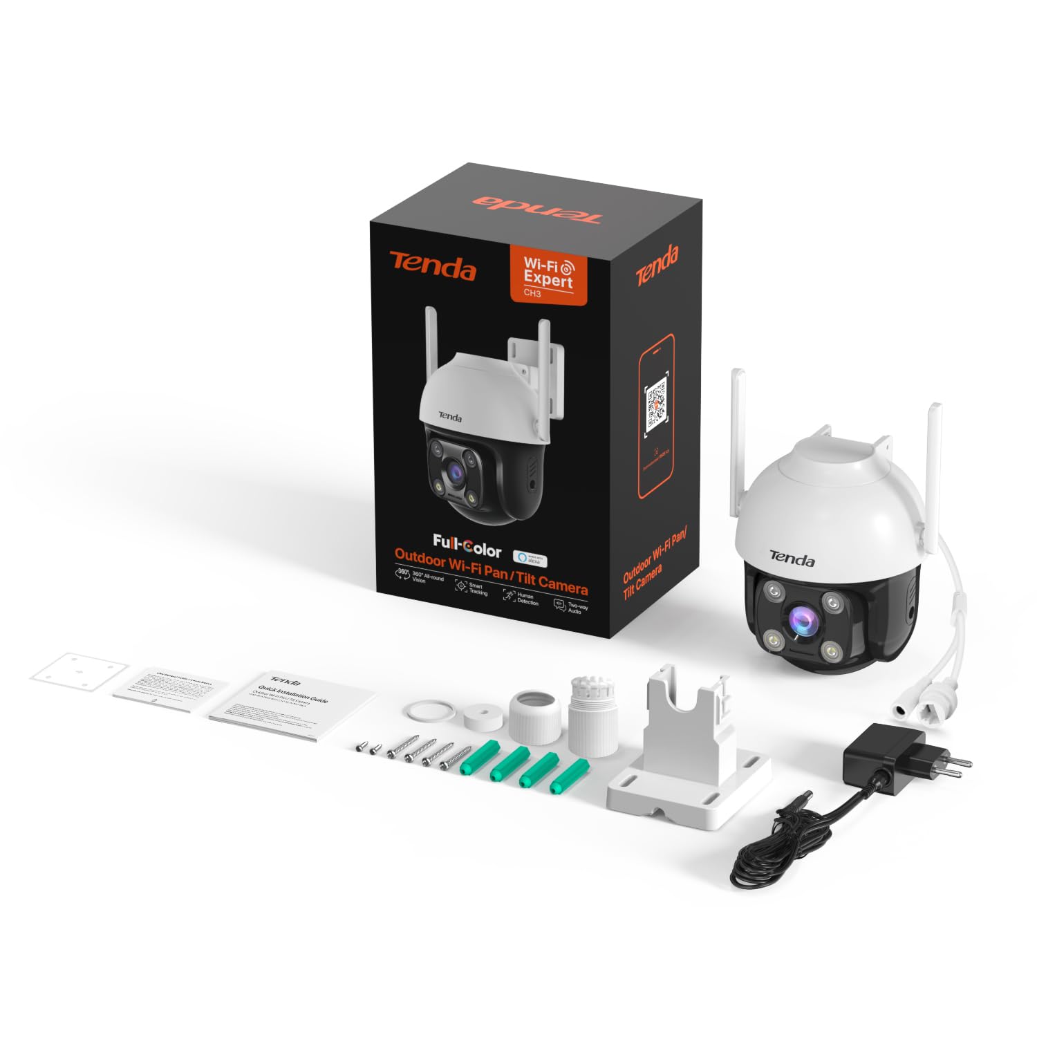 Tenda Outdoor WiFi PTZ Security Camera with Two-Way Audio, AI Human Detection and Alarm, 360° Full View, IP65 Weatherproof, 30m Color Night Vision, Cloud Storage and App and SD Card, Works with Alexa