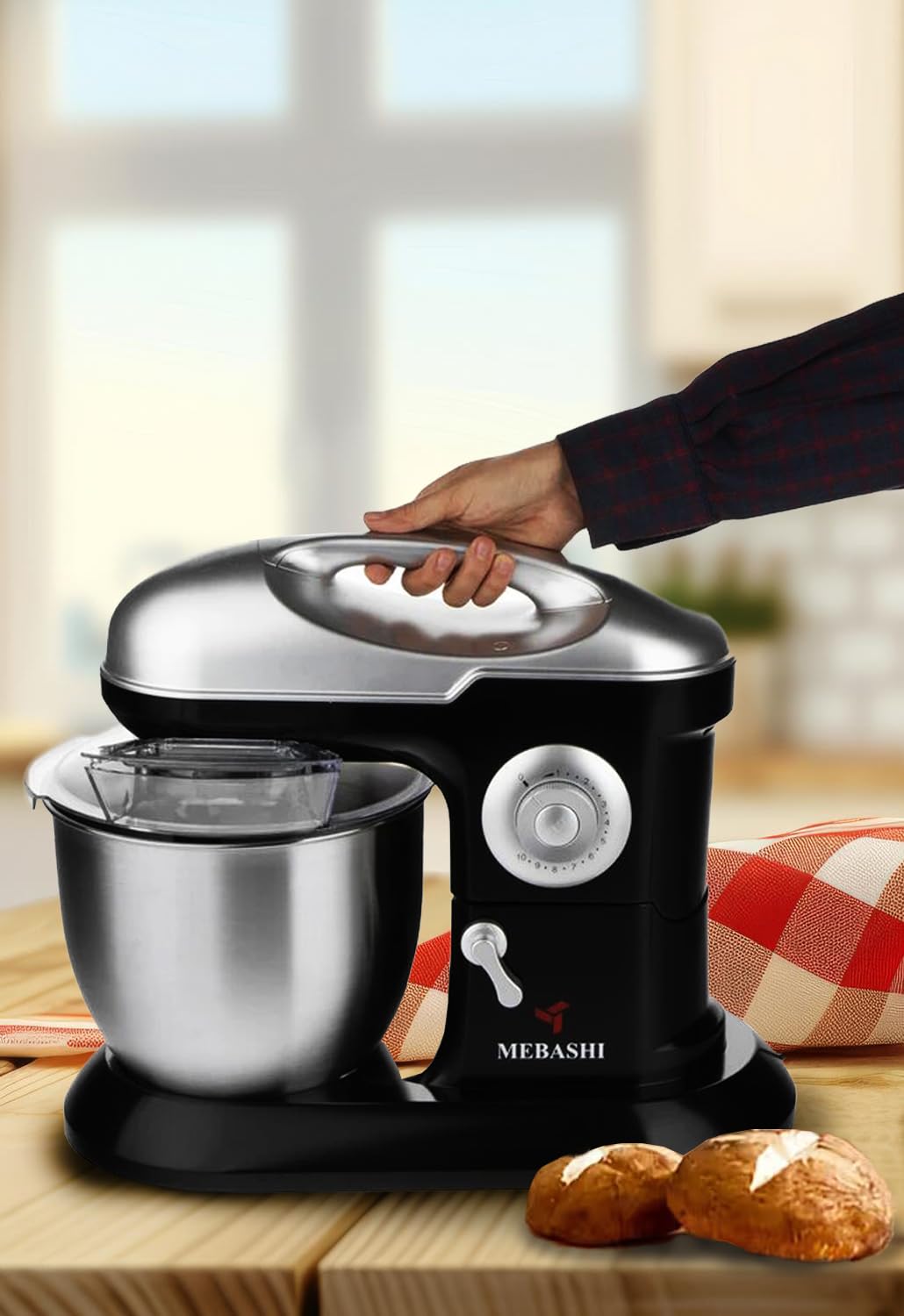 Mebashi Stand Mixer Bowl, 7 Liter Capacity, Black, 10 Speeds, Stainless Steel Bowl (ME-SBM1113) (Black)