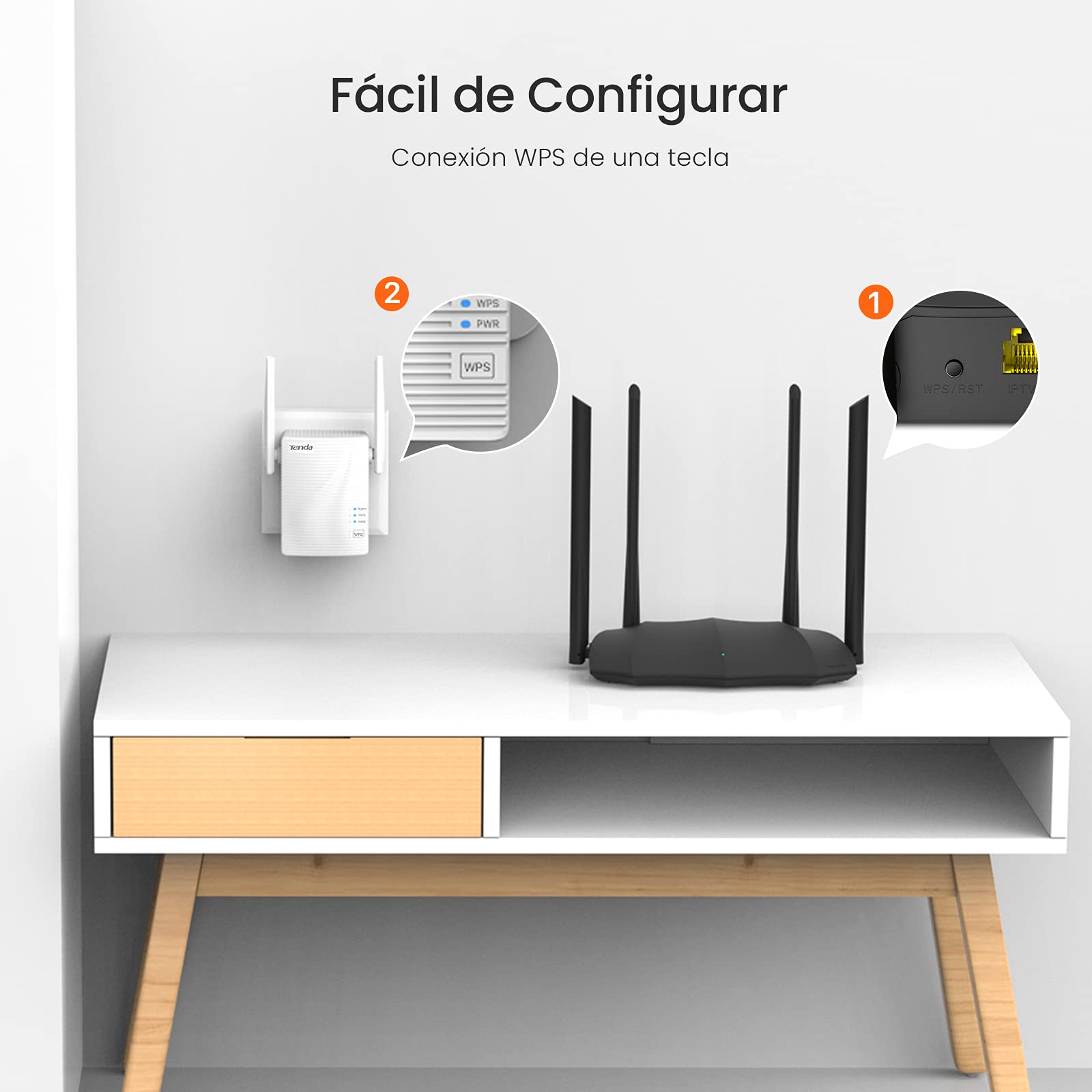 Tenda A15 WLAN Amplifier Repeater (Dual Band 750 Mbit/s 433 Mbps 5 GHz, 300 Mbps 2.4 GHz, 1x LAN Port, WPS, Status LED, 2x Antennas, AP Mode, Compact Design, Plug & Play) White