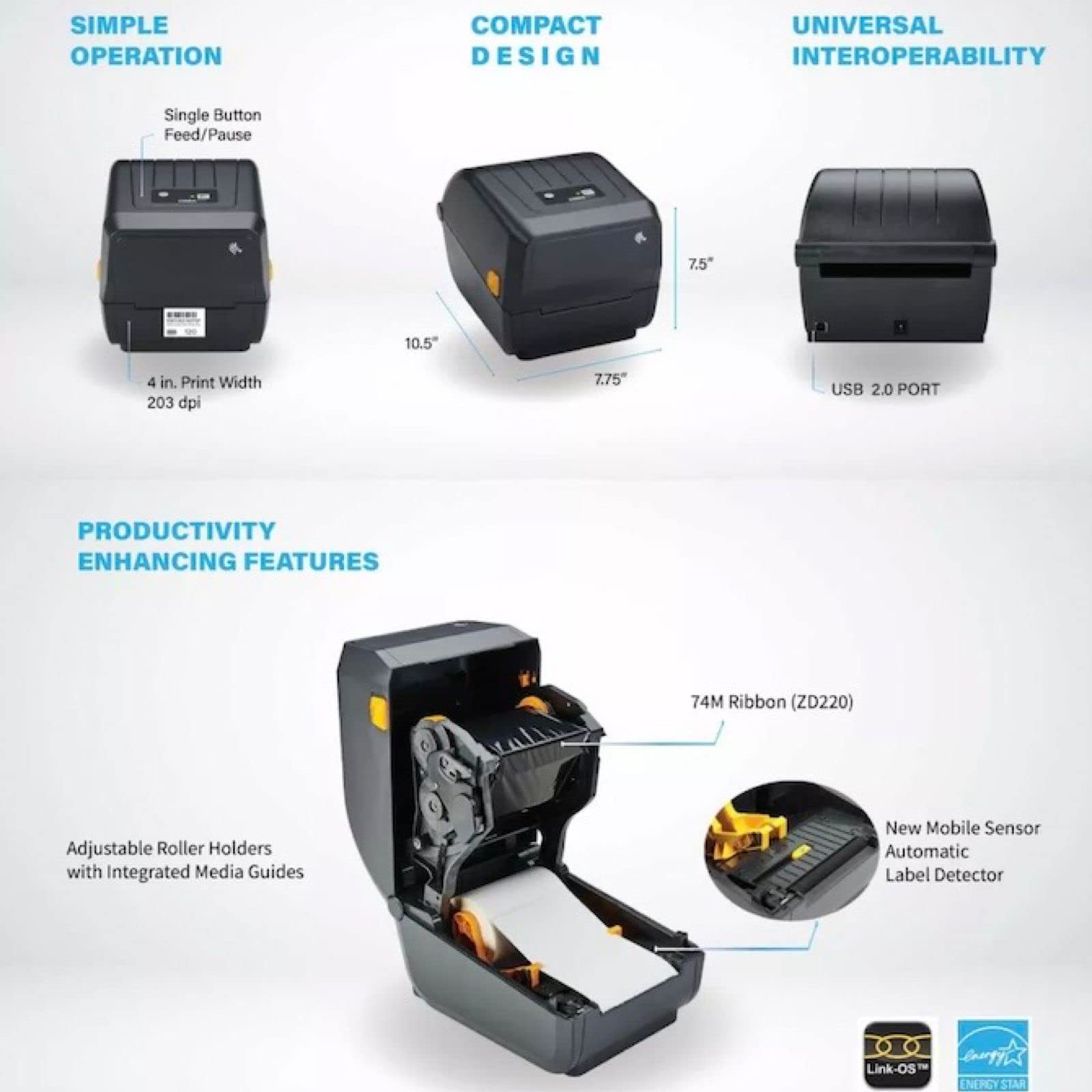 Zebra [ZD-220T] Direct Thermal Transfer Barcode Printer | 203 DPI Resolution | 4-inch Print Width | USB | Office Labels | Shipping Labels | Jewelry Labels | Clear Label