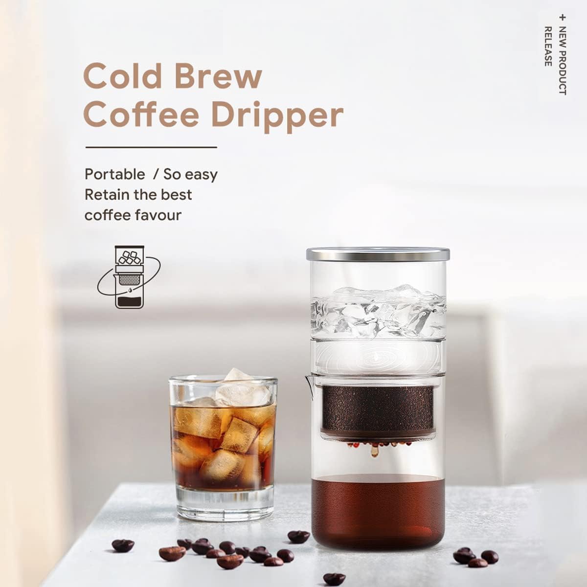 Recafimil 2-in-1 Cold Brew Coffee Dripper 300ml Detachable Glass with Stainless Steel Filter for Home and Office