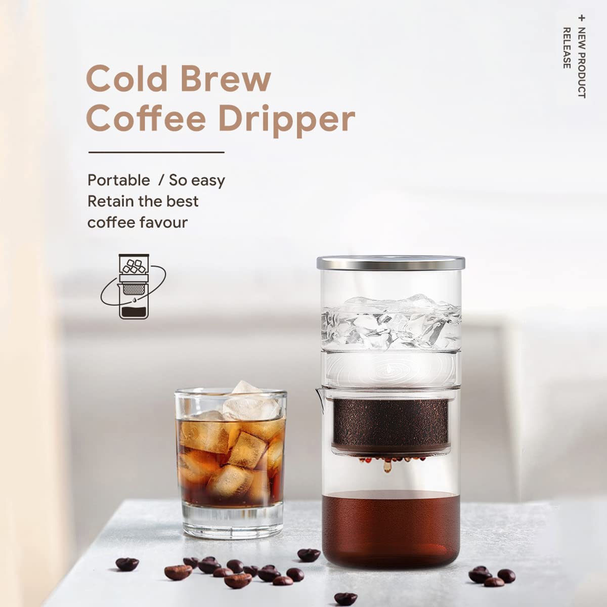 Recafimil 2-in-1 Cold Brew Coffee Dripper 300ml Detachable Glass with Stainless Steel Filter for Home and Office
