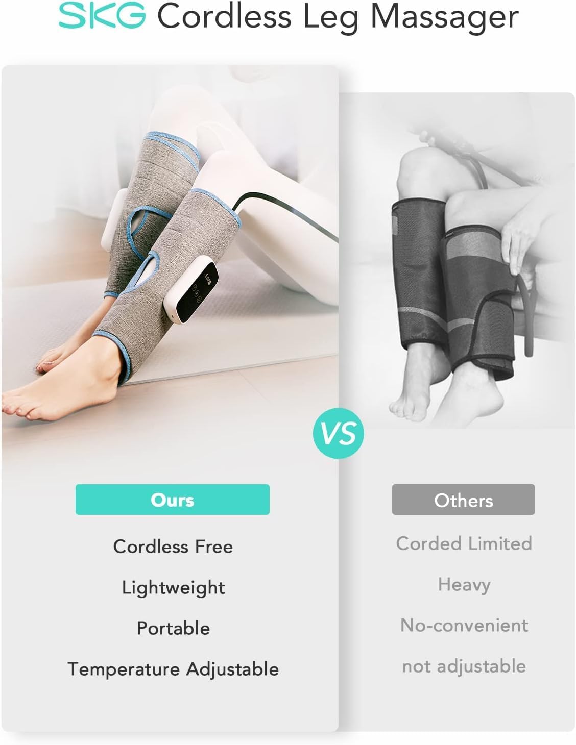 SKG Leg Massager with Heat, Cordless Foot and Calf Massager for Circulation, 3 Modes 3 Intensities Portable Leg Massager for Pain Relief Use at Home Office Car Women Men Gifts BM3-E