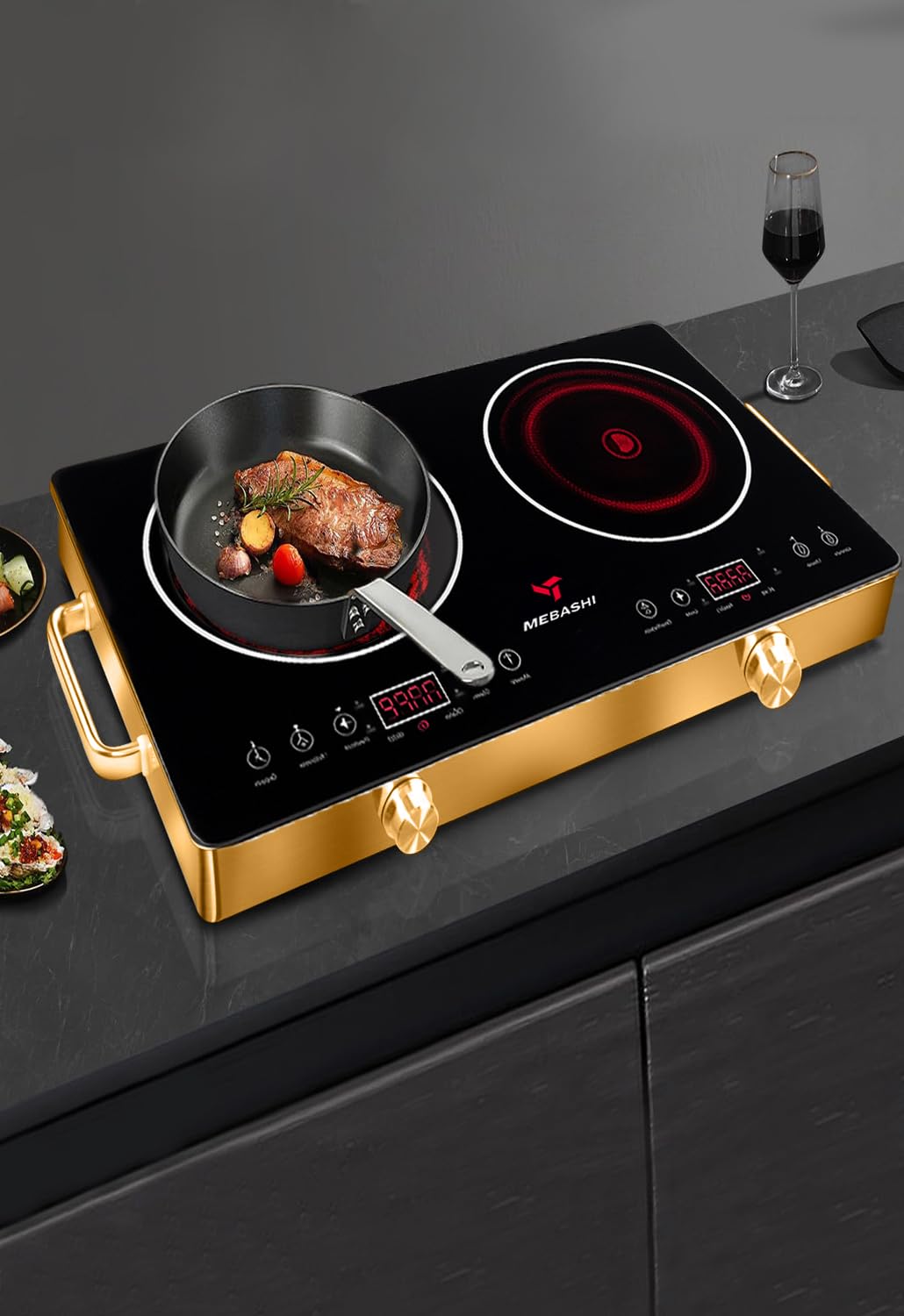 MEBASHI Infrared Cooker, Two Burner, 8 Power Settings,(2800W) Gold (ME-IC125)
